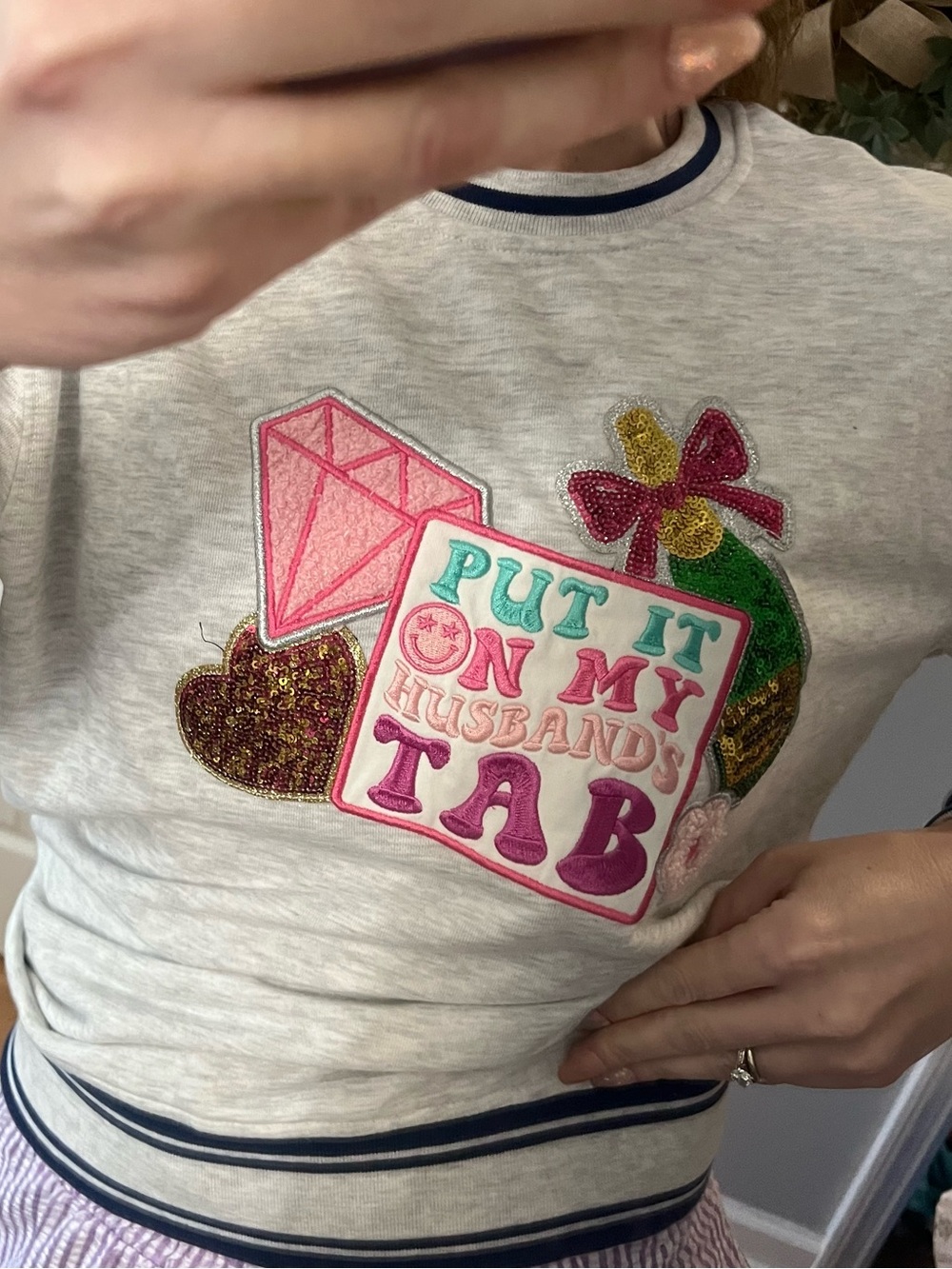 Simply Southern Light Gray Sweatshirt with Pink, Green & Gold Sequin Patch - Picture 4 of 7